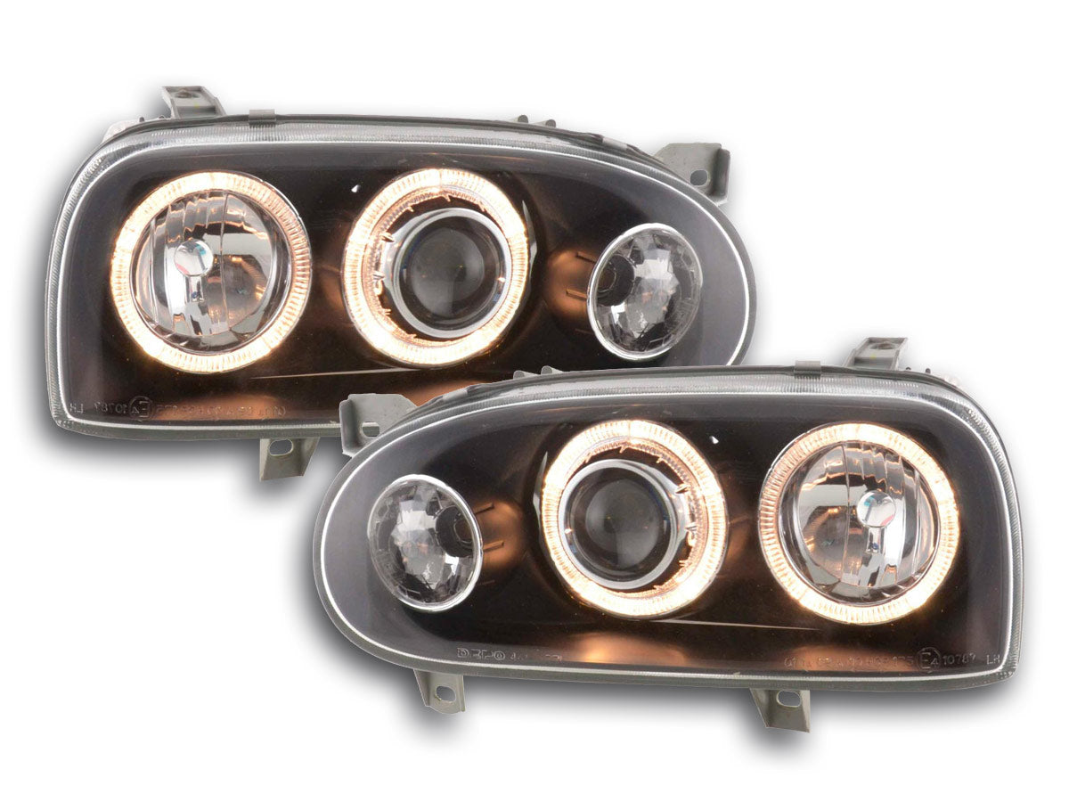 Scheinwerfer Set Angel Eyes VW Golf 3 Typ 1HXO, 1 EXO 91-97 schwarz Scheinwerfer Set Angel Eyes VW Golf 3 Typ 1HXO, 1 EXO 91-97 schwarz